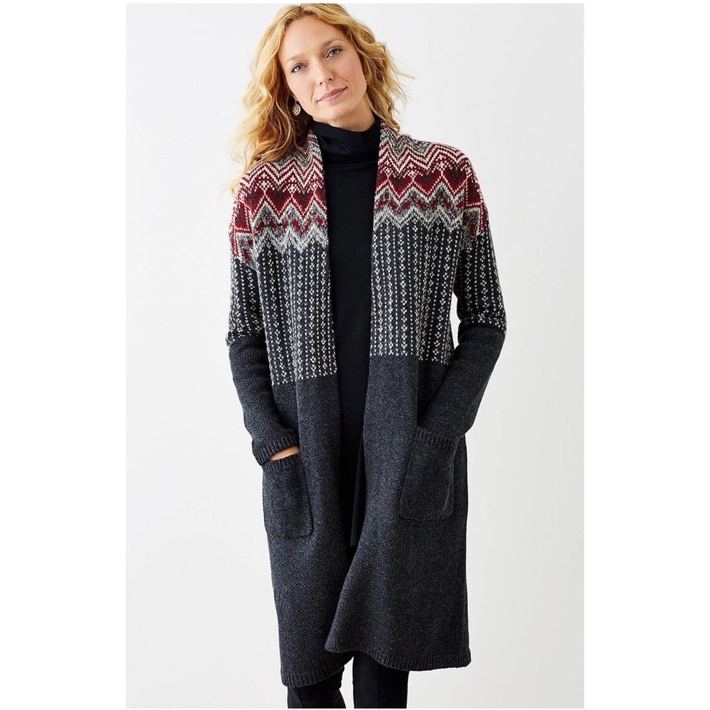 J. Jill Longline Fair Isle Open Front Cardigan Sz L Wool Blend Patch Pockets